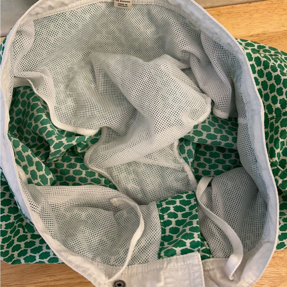 J.Crew Men's Swim Trunks in a green and white geometric print. - Picture 9 of 13